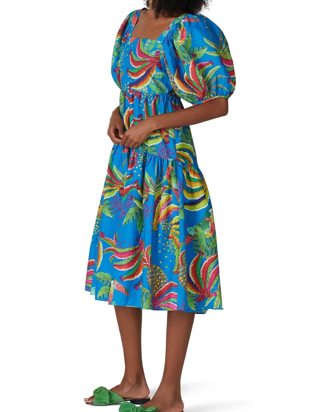 Farm Rio Tropics Tiered Midi Dress Size XS Blue Banana Print Puff Sleeve Cotton - Picture 2 of 15